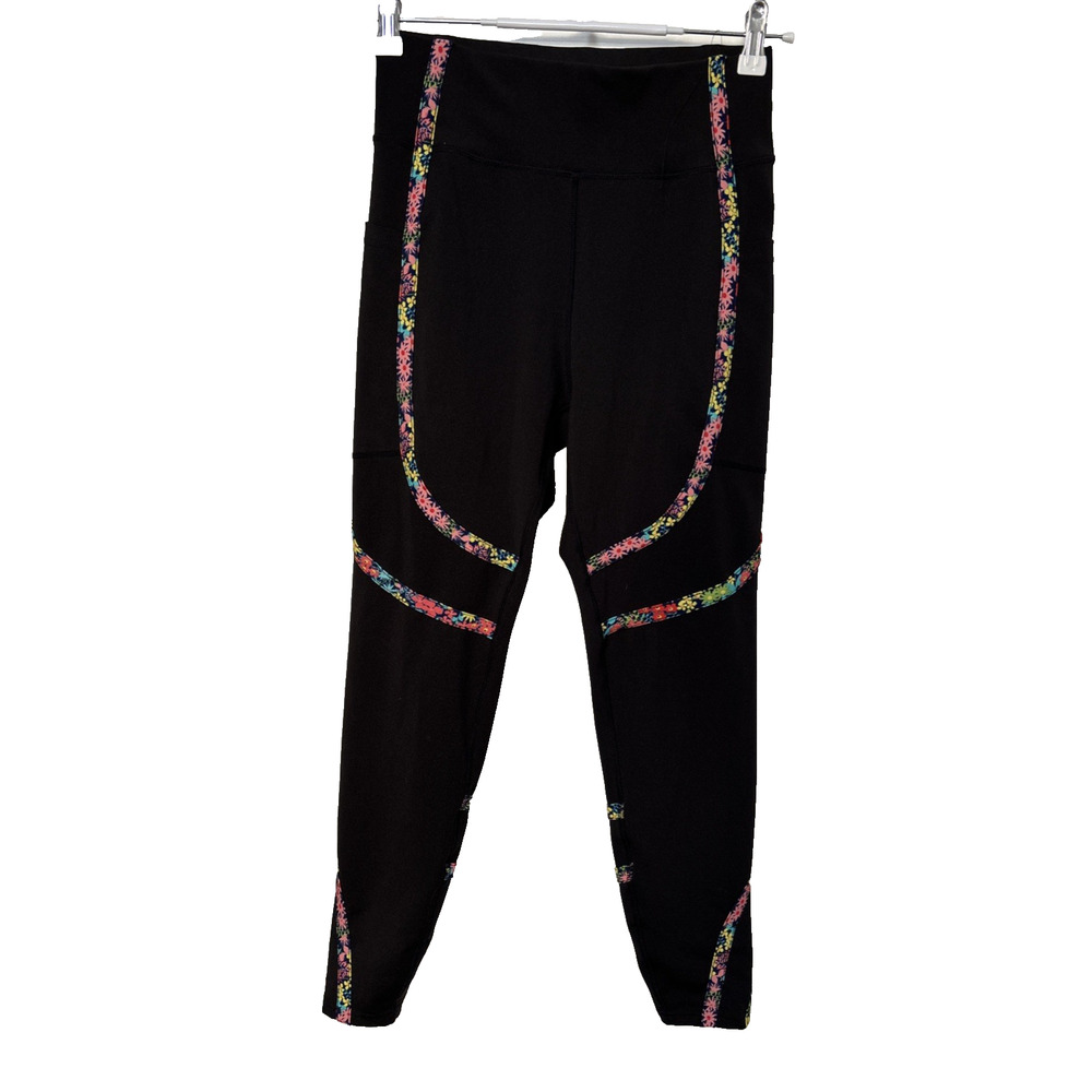 Pop Fit Women's Med Black Floral High Rise Leggings Workout Gym Fitness Training